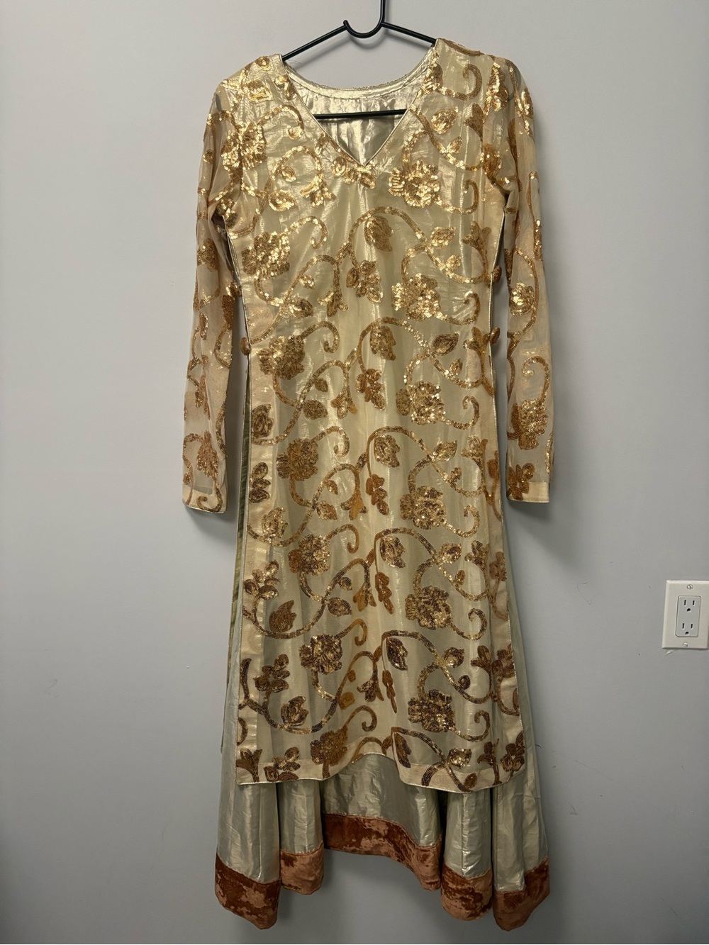 Gold Embroidered V-Neck Long Sleeve Women's Dress gown indian desi wedding